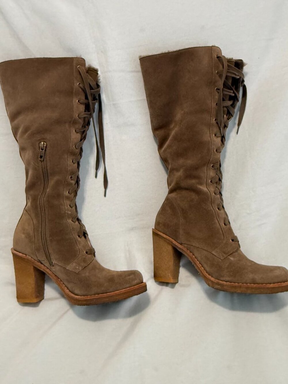 UGG Sofia Tall Lace Up Boots Brown Suede Shearling Heels Womens US 7 - Picture 12 of 13